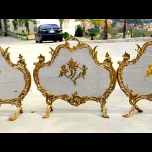 French scroll fireplace screen brass cherub italy